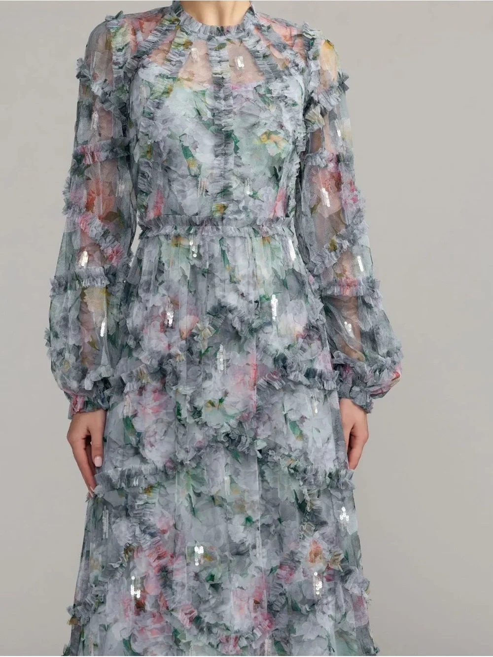 Mac Duggal 8098 Blue Floral Long Sleeve High Neck Ruffle Maxi Dress Size 12 NWOT
